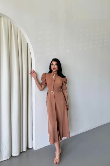 YAKA DÜĞME DETAYLI ELBİSE - Kahverengi resmi